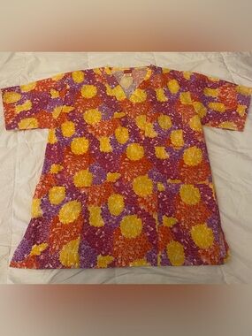Vibrant Floral  Vintage Scrub Top in Yellow, Orange & Purple